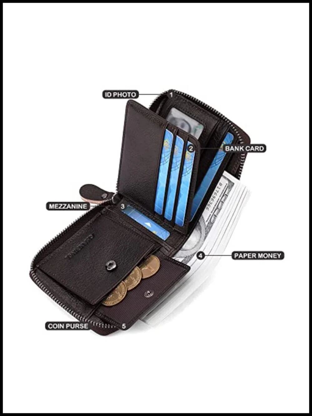 Genuine Leather Zipper Wallet RFID Secure Large Capacity Double Fold Multi-card